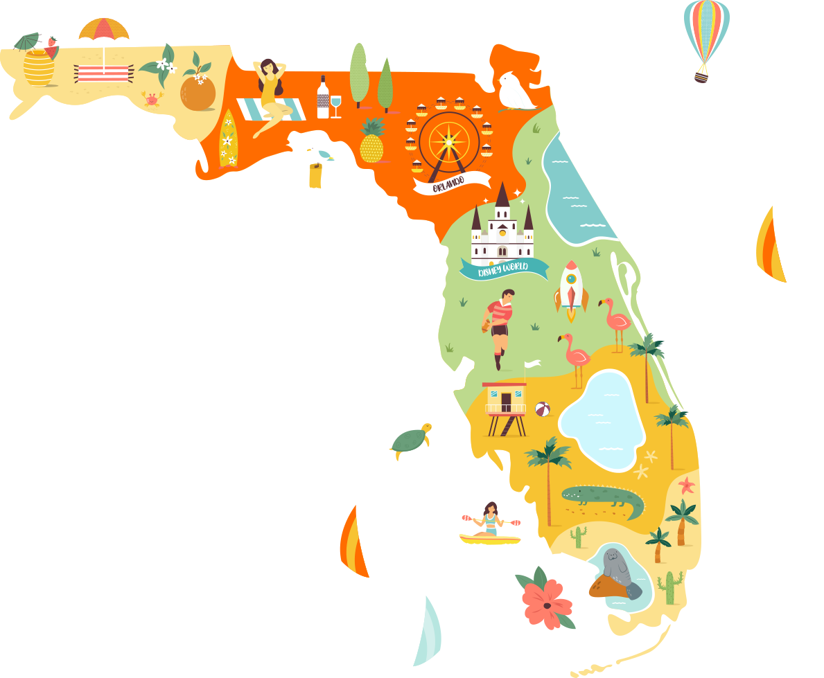Illustrated map of Florida showing various attractions, landmarks, and activities throughout the state