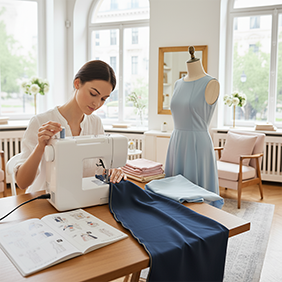 Woman learning sewing machine techniques